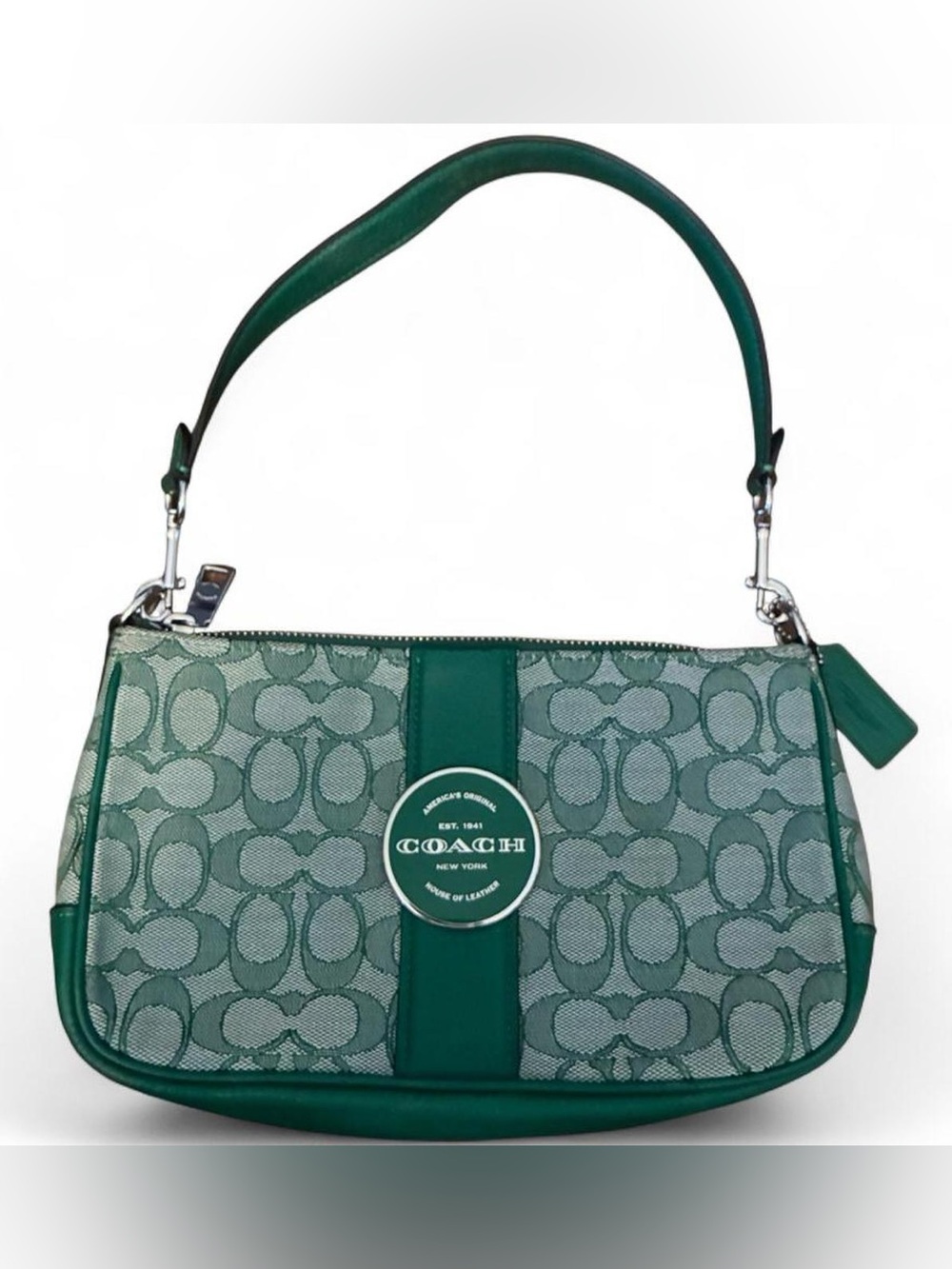Coach Green Signature Jacquard Shoulder Bag with Leather Trim